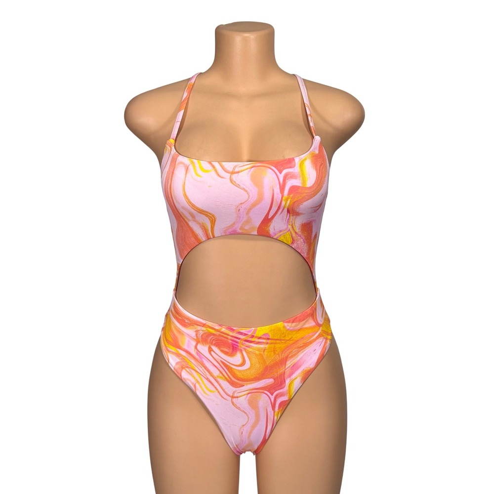 Aqua Pink Orange Marble Swirl Cutout One Piece‎ Swimsuit Small NWT